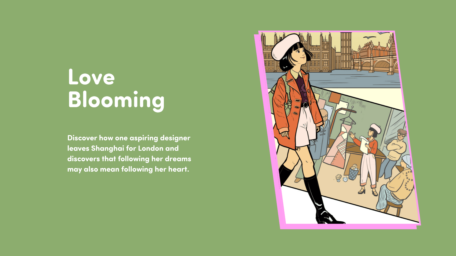An illustration of an Asian girl walking with comics behind her